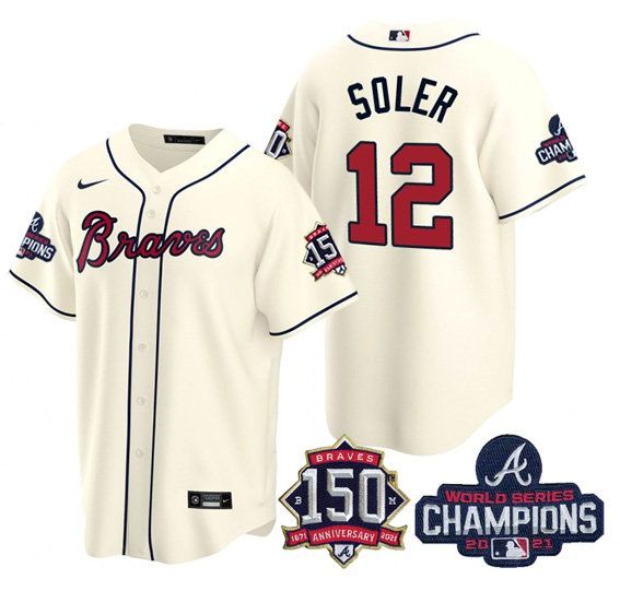Men's Atlanta Braves #12 Jorge Soler 2021 Cream World Series Champions With 150th Anniversary Patch Cool Base Stitched Jersey Men's Atlanta Braves #12 Jorge Soler 2021 Cream World Series Champions With 150th Anniversary Patch Cool Base Stitched Jersey